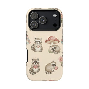 Cute Raccoon Pattern Phone Case – Beige Mushroom & Floral Tough Cases - Mobile