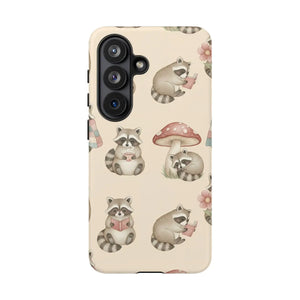 Cute Raccoon Pattern Phone Case – Beige Mushroom & Floral Tough Cases - Mobile
