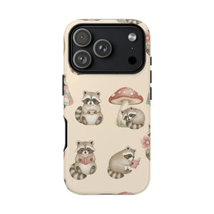 Cute Raccoon Pattern Phone Case – Beige Mushroom & Floral Tough Cases - Mobile