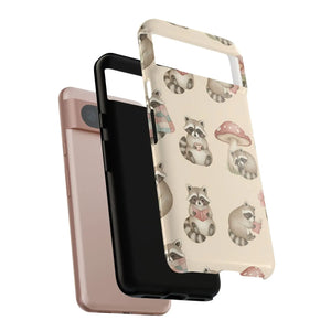 Cute Raccoon Pattern Phone Case – Beige Mushroom & Floral Tough Cases - Mobile