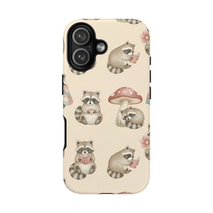 Cute Raccoon Pattern Phone Case – Beige Mushroom & Floral Tough Cases - Mobile
