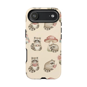 Cute Raccoon Pattern Phone Case – Beige Mushroom & Floral Tough Cases - Mobile