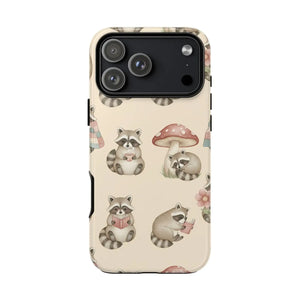 Cute Raccoon Pattern Phone Case – Beige Mushroom & Floral Tough Cases - Mobile