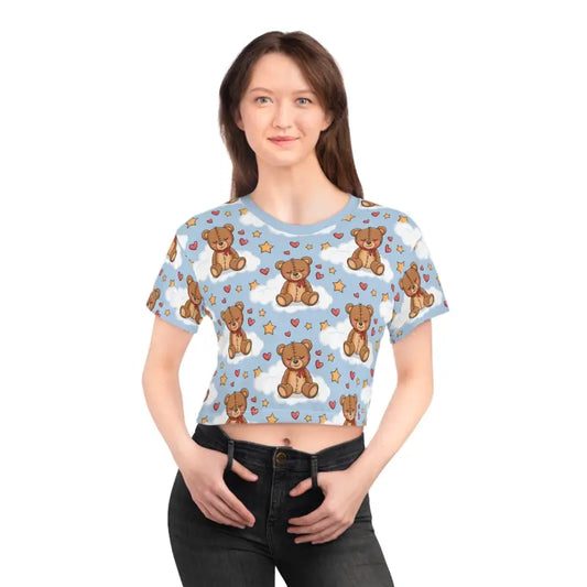 Cute Teddy Bear Crop Tee: Style & Comfort Combined! - Black Stitching / l All Over Prints