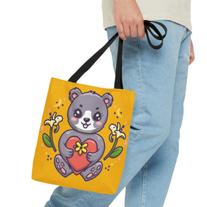 Cute Teddy Bear Tote Bag - Vibrant Heart Print - Dipaliz - Bags