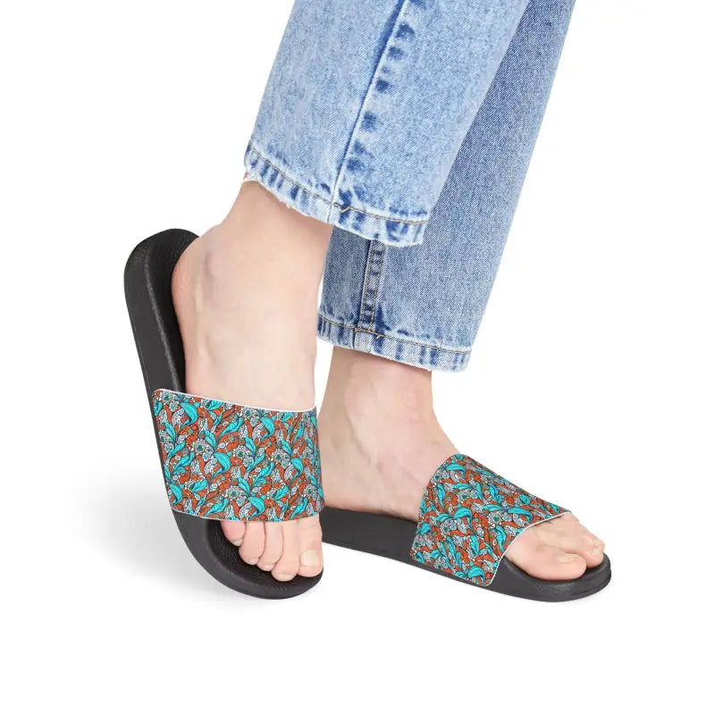 Slide Sandals with Cyan Paisley: Stride in Summer Style - Black / us 6 Shoes