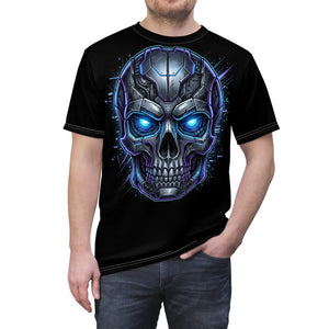 Cyber Skull T-shirt, Neon Blue Sci‑fi Tee - T-shirts