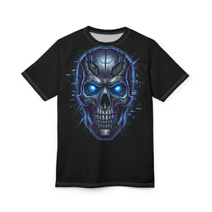 Cyber Skull T-shirt, Neon Blue Sci‑fi Tee - T-shirts