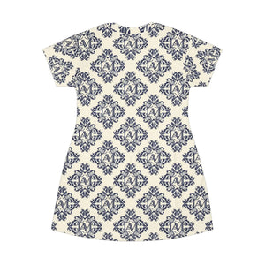 Damask Print T-shirt Dress, Navy Vintage Floral All-over - Dresses