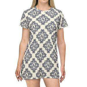 Damask Print T-shirt Dress, Navy Vintage Floral All-over - Dresses
