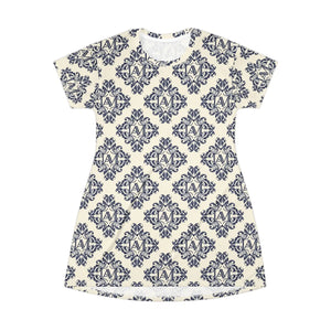 Damask Print T-shirt Dress, Navy Vintage Floral All-over - Dresses