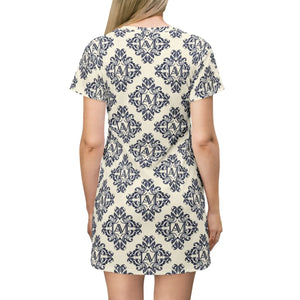 Damask Print T-shirt Dress, Navy Vintage Floral All-over - Dresses