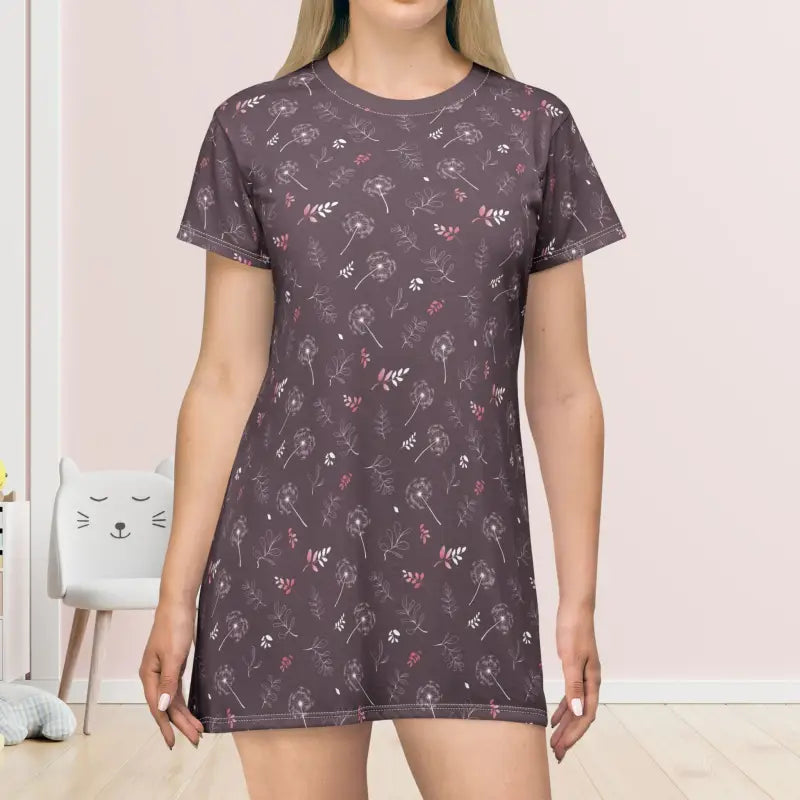 Dazzle in the Chic Dandelions on Mauve T-shirt Dress - Xs All Over Prints