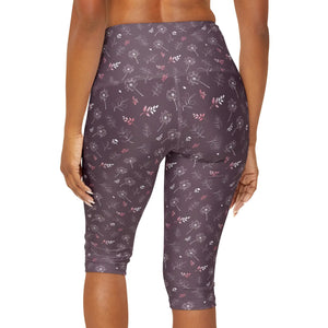 Mauve Yoga Capri Leggings - Dandelion Floral Print - Dipaliz - Activewear