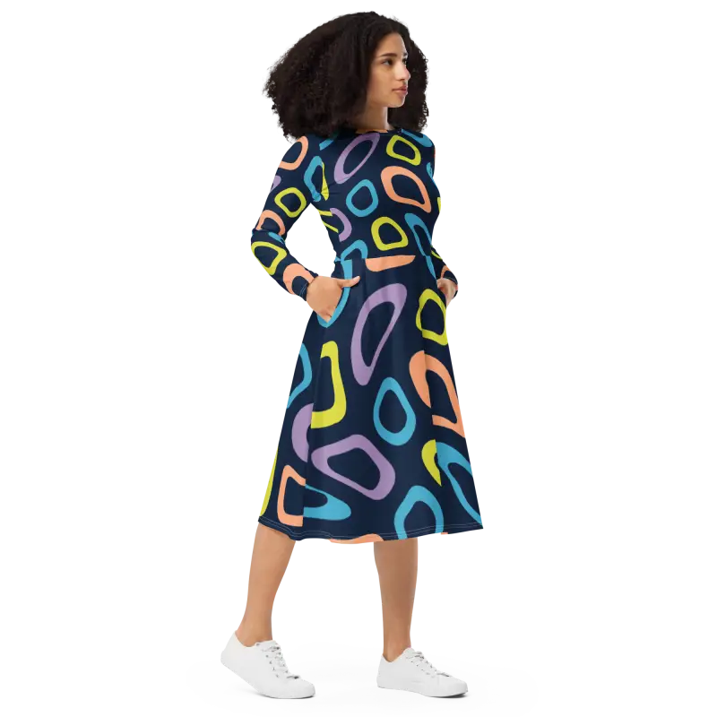 Dazzle in Abstract Colorful Circles Long Sleeve Dress - Dresses