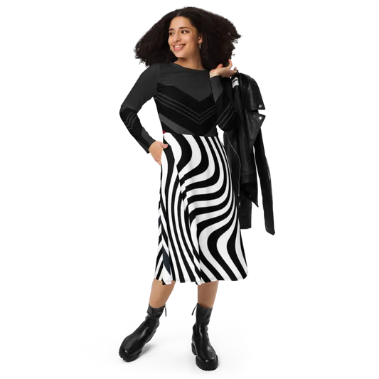 Dazzle In Wavy Black Stripes: Show-stopper Midi Dress - Dresses