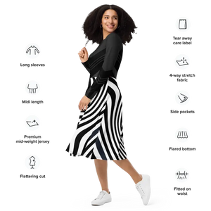 Wavy Black Stripes Long Sleeve Midi Dress - Women’s Fashion - Dipaliz - Dresses