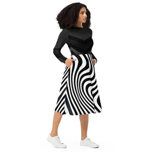 Wavy Black Stripes Long Sleeve Midi Dress - Women’s Fashion - Dipaliz - Dresses