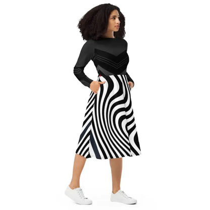 Turn Heads in Wavy Black Stripes Show-stopper Midi Dress - Dresses