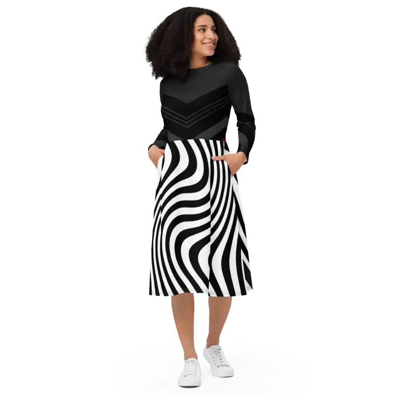 Turn Heads in Wavy Black Stripes Show-stopper Midi Dress - Dresses