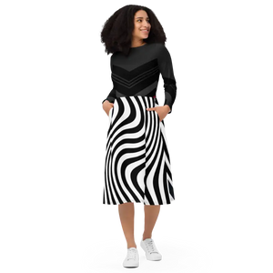 Wavy Black Stripes Long Sleeve Midi Dress - Women’s Fashion - Dipaliz - Dresses