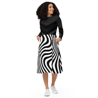 Turn Heads in Wavy Black Stripes Show-stopper Midi Dress - Dresses