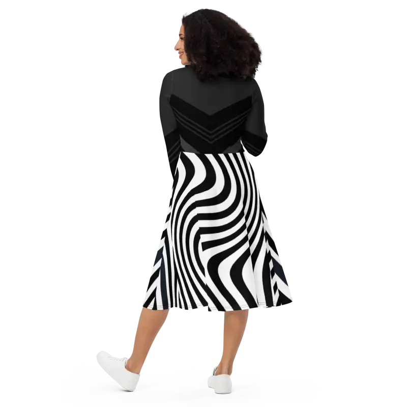 Turn Heads in Wavy Black Stripes Show-stopper Midi Dress - Dresses