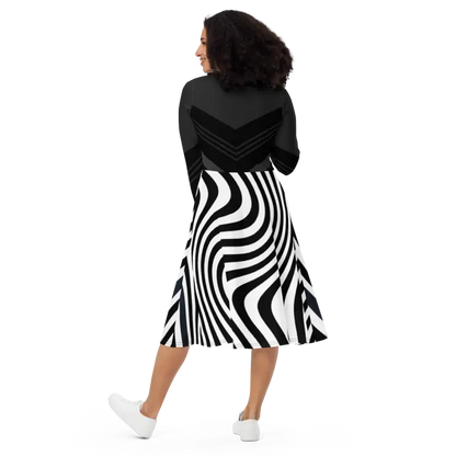 Turn Heads in Wavy Black Stripes Show-stopper Midi Dress - Dresses