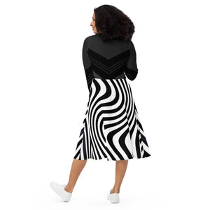 Wavy Black Stripes Long Sleeve Midi Dress - Women’s Fashion - Dipaliz - Dresses