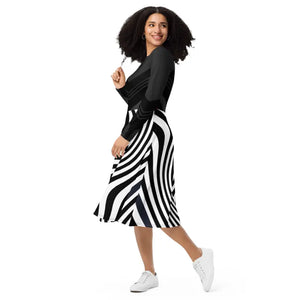 Wavy Black Stripes Long Sleeve Midi Dress - Women’s Fashion - Dipaliz - Dresses