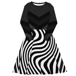 Wavy Black Stripes Long Sleeve Midi Dress - Women’s Fashion - Dipaliz - Dresses