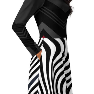 Wavy Black Stripes Long Sleeve Midi Dress - Women’s Fashion - Dipaliz - Dresses
