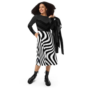 Wavy Black Stripes Long Sleeve Midi Dress - Women’s Fashion - Dipaliz - Xs - Dresses