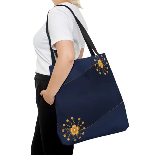 Rock Gold Flowers on Navy Blue Tote Bag - Large Bags