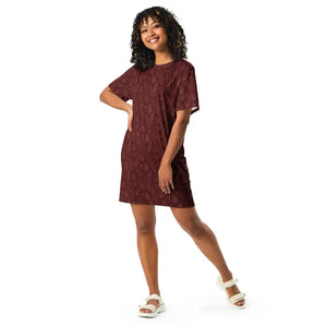 Dresses - Deep Red Floral T-shirt Dress Comfortable Oversize Fit - Dipaliz
