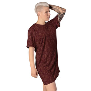 Dresses - Deep Red Floral T-shirt Dress Comfortable Oversize Fit - Dipaliz
