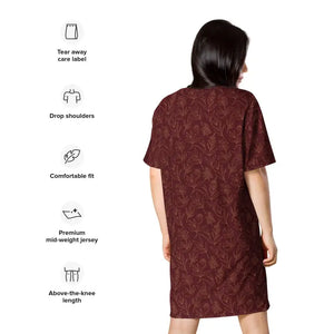 Dresses - Deep Red Floral T-shirt Dress Comfortable Oversize Fit - Dipaliz