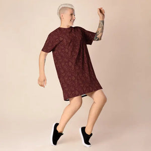 Dresses - Deep Red Floral T-shirt Dress Comfortable Oversize Fit - Dipaliz 2xs