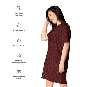 Dresses - Deep Red Floral T-shirt Dress Comfortable Oversize Fit - Dipaliz