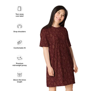 Dresses - Deep Red Floral T-shirt Dress Comfortable Oversize Fit - Dipaliz