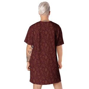 Dresses - Deep Red Floral T-shirt Dress Comfortable Oversize Fit - Dipaliz