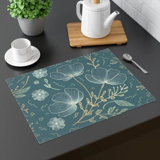 Delicate Flowers on Teal 100% Cotton Placemat 1pc - 18’’ × 14’’ Home Decor