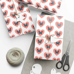 Hearts Gift Wrap with Delightful Butterflies - Dipaliz - 30’’ x 144’’ / Satin - Wrapping Paper