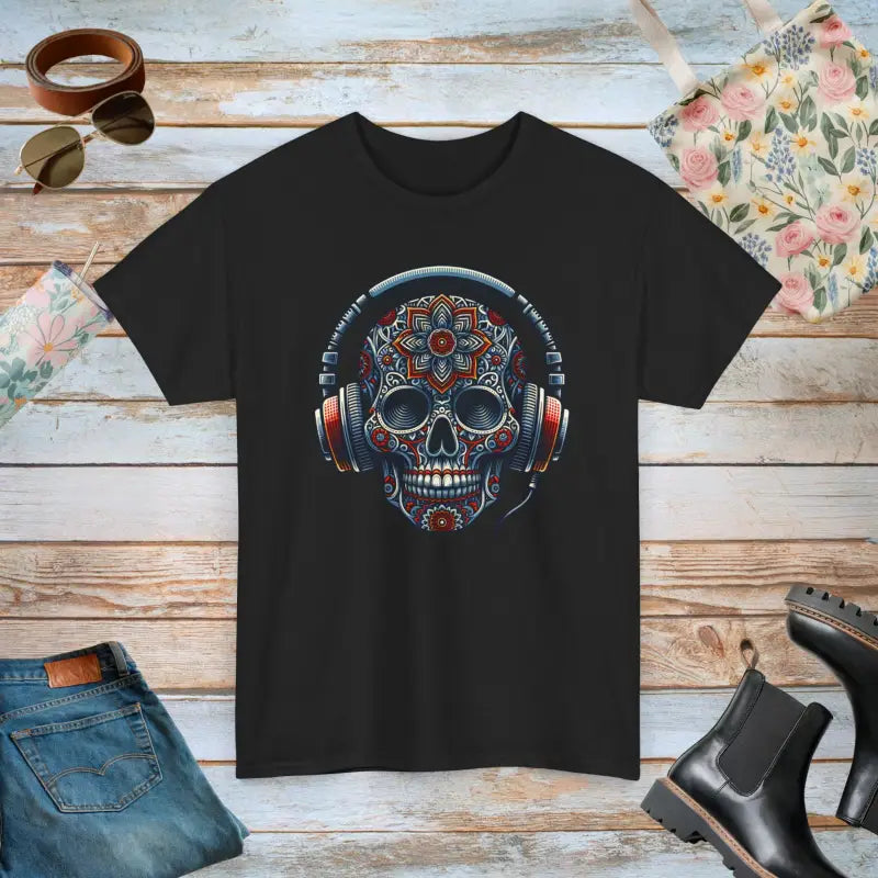 Unisex Deluxe Tee: Skull & Headphones Vibe - Black / s T-shirt