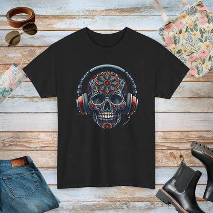 Unisex Deluxe Tee: Skull & Headphones Vibe - Black / s T-shirt