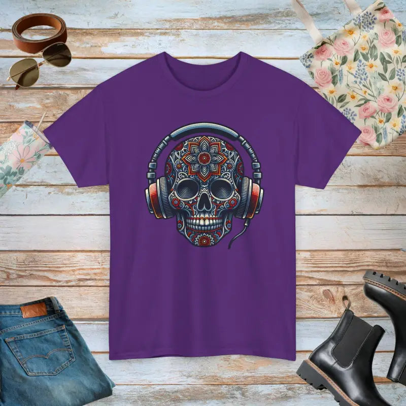 Unisex Deluxe Tee: Skull & Headphones Vibe - Purple / s T-shirt