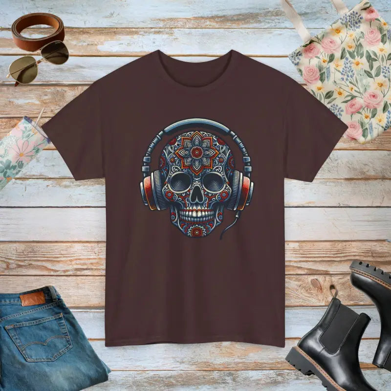 Unisex Deluxe Tee: Skull & Headphones Vibe - Russet / s T-shirt