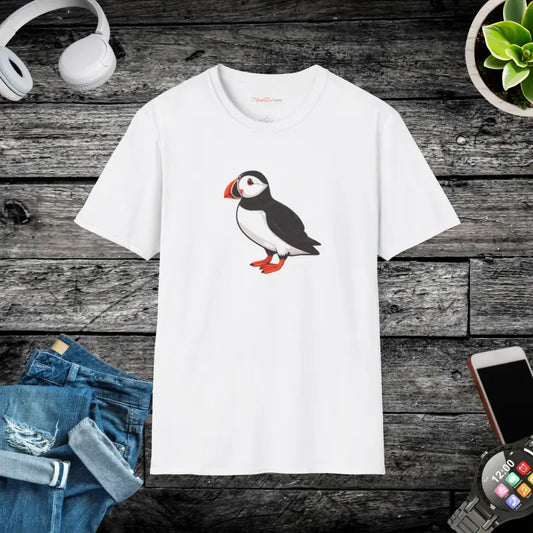 Unisex Softstyle Tee with Detailed Bird Art Puffin Design - White / s T-shirt