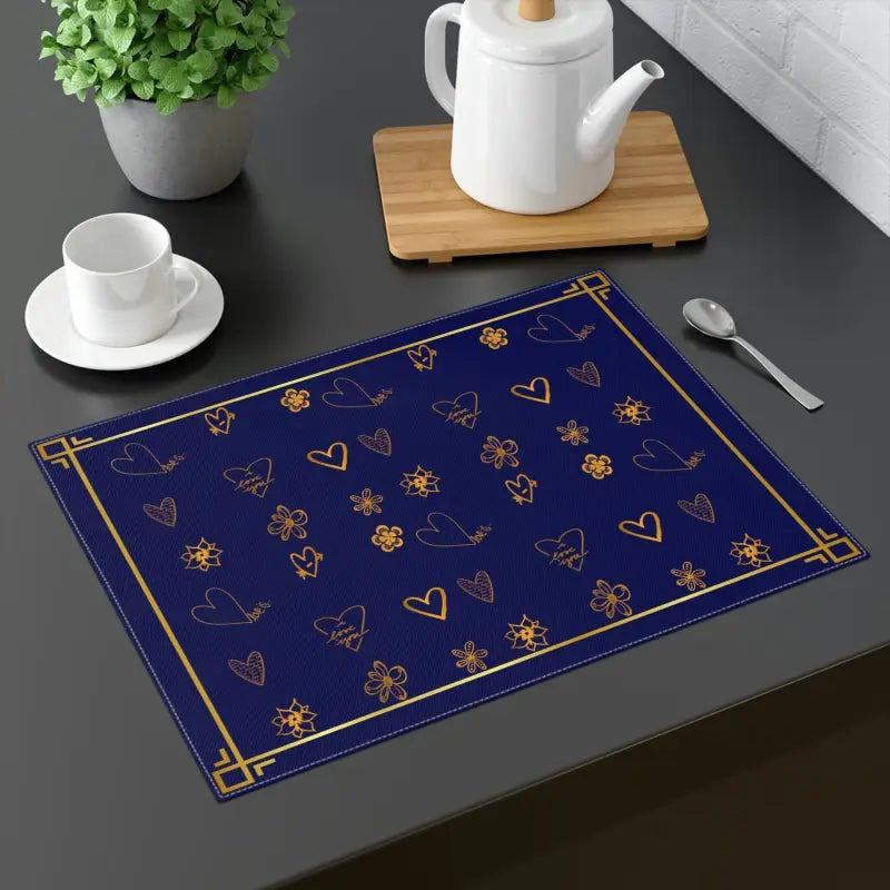 Dine Like Royalty: Navy Blue & Gold Leaves Placemats Style - 18’’ × 14’’ Home Decor