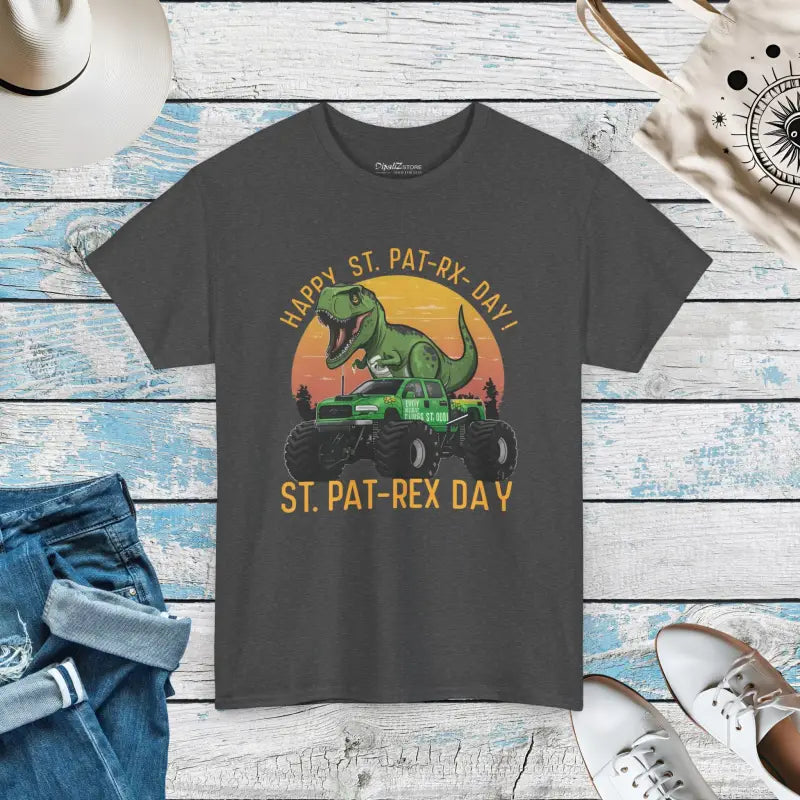 Dino Jeep St. Patty’s Day Unisex Heavy Cotton Tee - Dark Heather / s T-shirt